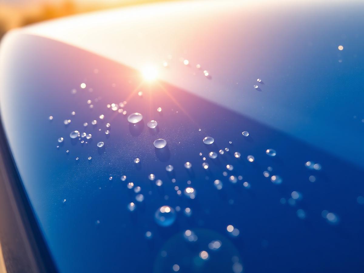 Water beading on freshly ceramic-coated glossy paint in desert sunlight