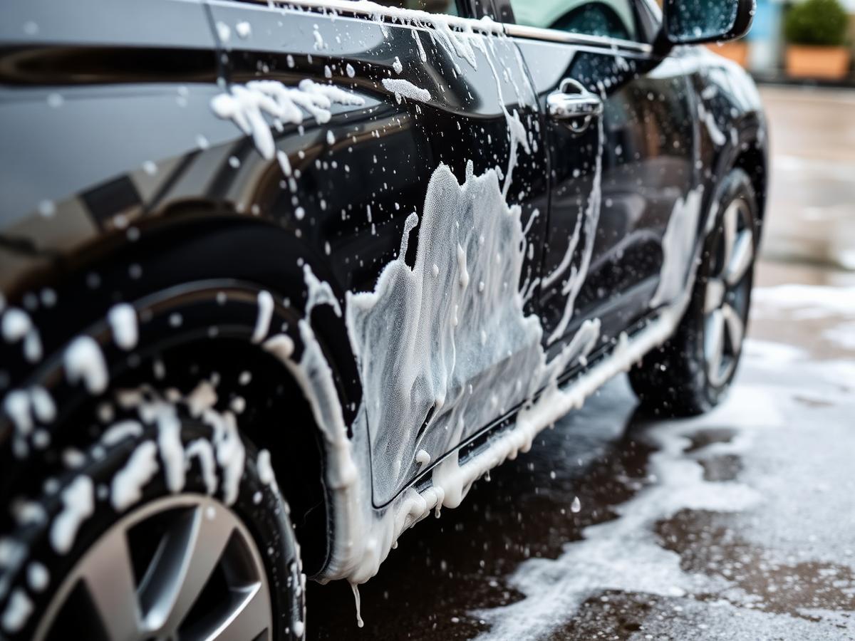 Dark SUV covered in thick foam during an exterior detail